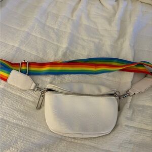 White Crossbody Bag with Rainbow Strap